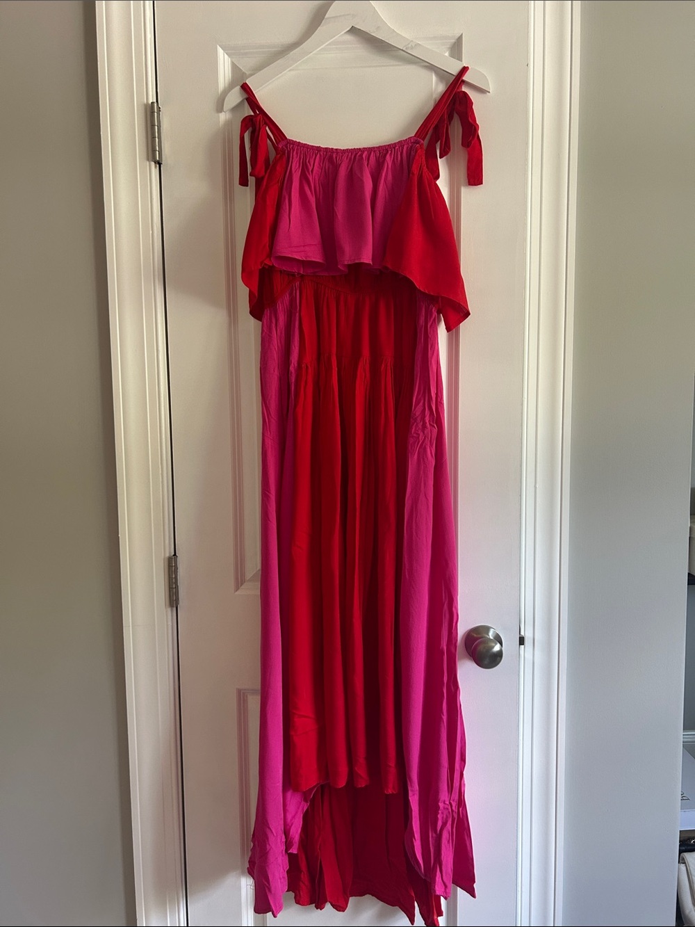 vestique Two-Tone Red & Pink Asymmetrical Maxi Dress